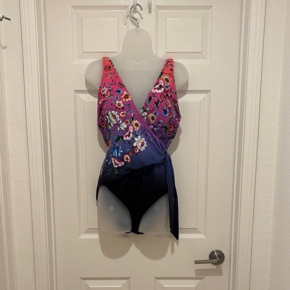 Johnny Was Other - Johnny Was Pink Purple Blue Floral Wrap One-Piece Swimsuit
